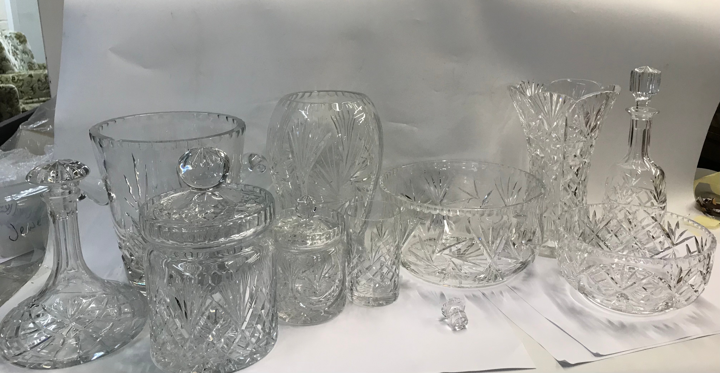 A collection of various cut glass ware including champagne bucket. 