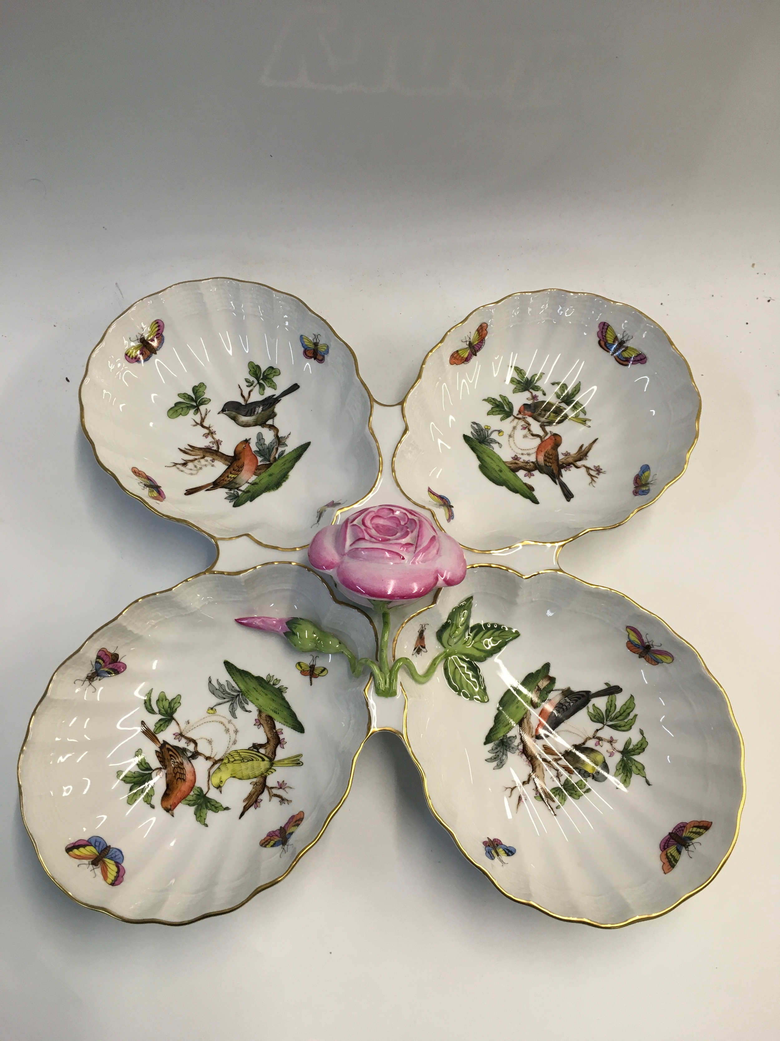 A Herend Porcelain 4-Compartment cabinet tray in the Rothschild Bird pattern