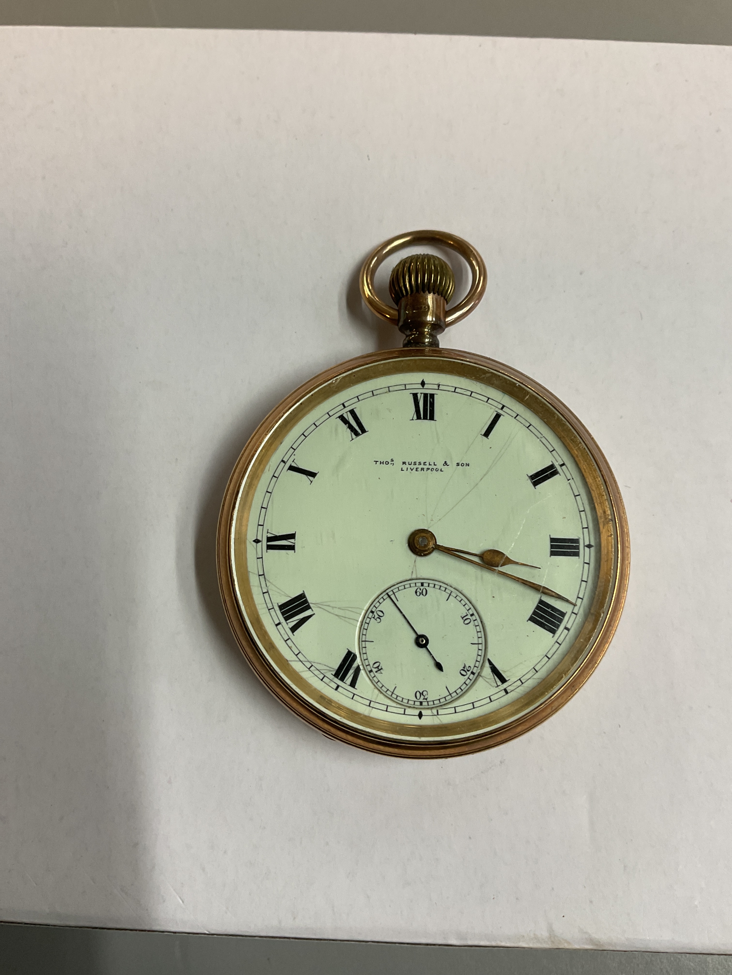 9ct pocket watch by Thomas Russell and Son, in hallmarked 9ct Chester case.