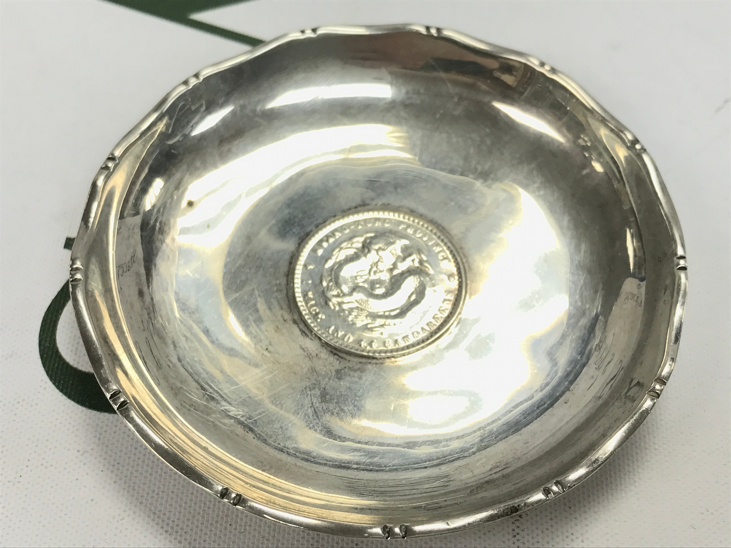 A Chinese hallmarked sterling silver coin candy dish , 34.5g width 3"