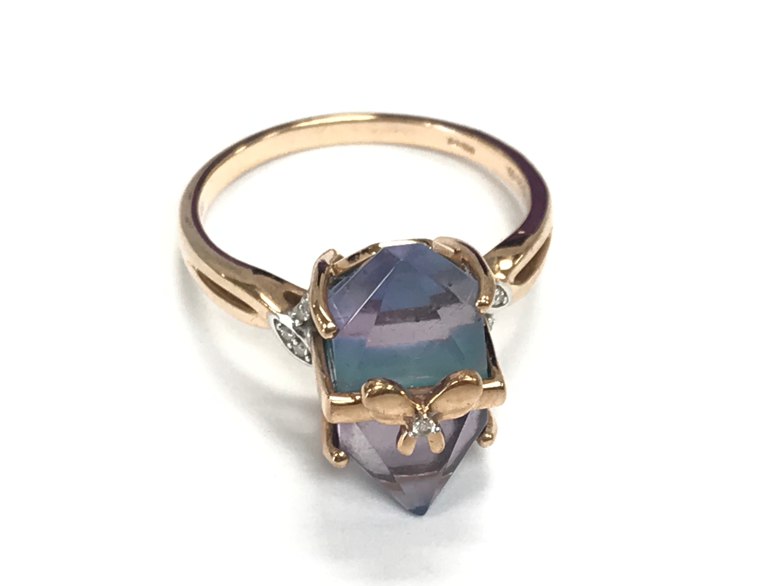 Rose gold ring set with Rose De France amethyst, diamond, and Sleeping Beauty turquoise