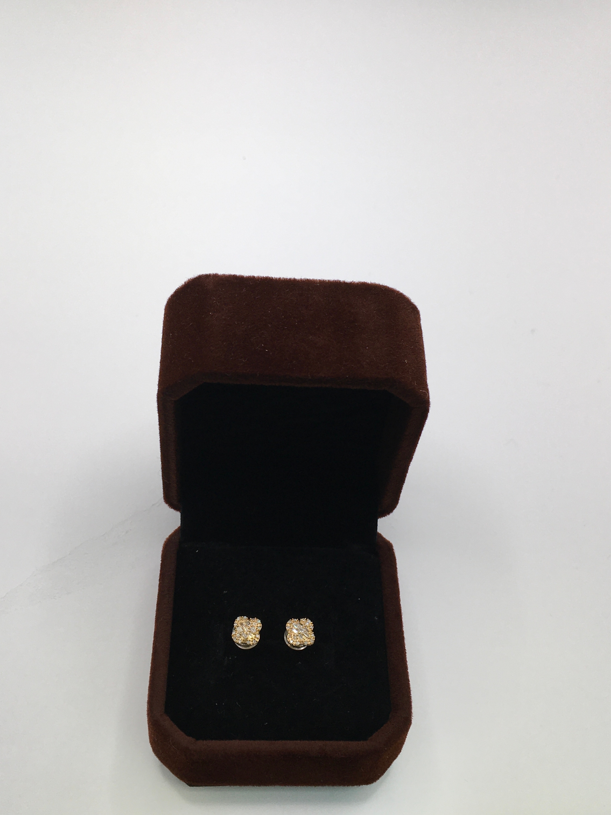 18k yellow gold and natural diamond set, clover shape stud earrings.0.16ct. Boxed with cert.
