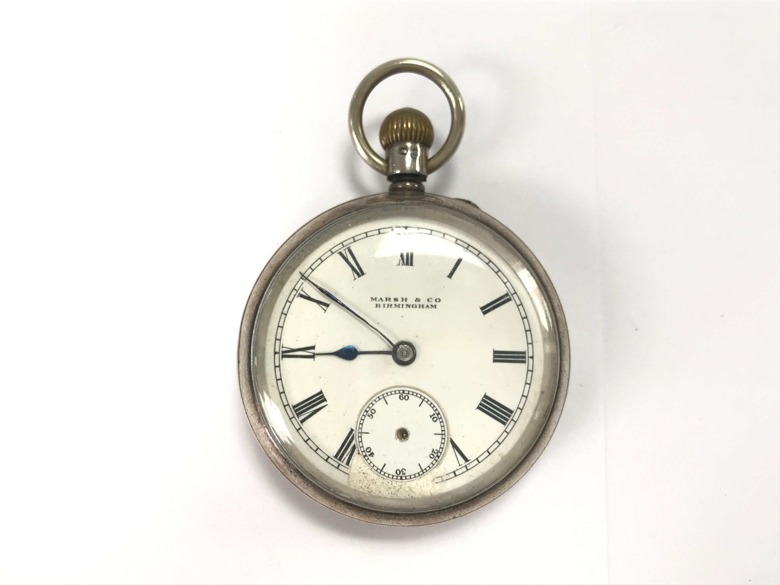 open face silver pocket watch signed "Marsh & Co Birmingham" white enamel dial with black Roman numerals and a subsidiary seconds dial. 117.5g