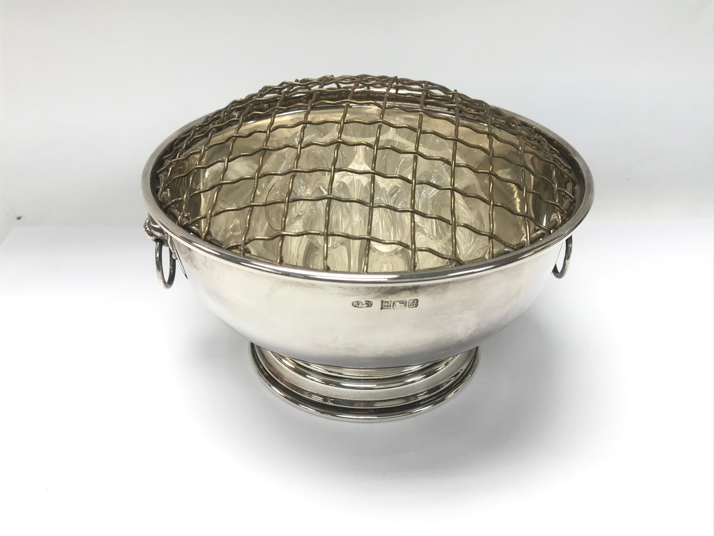 sterling silver rose bowl featuring a pedestal base and a removable wire mesh grill. Bowl only is 235g
