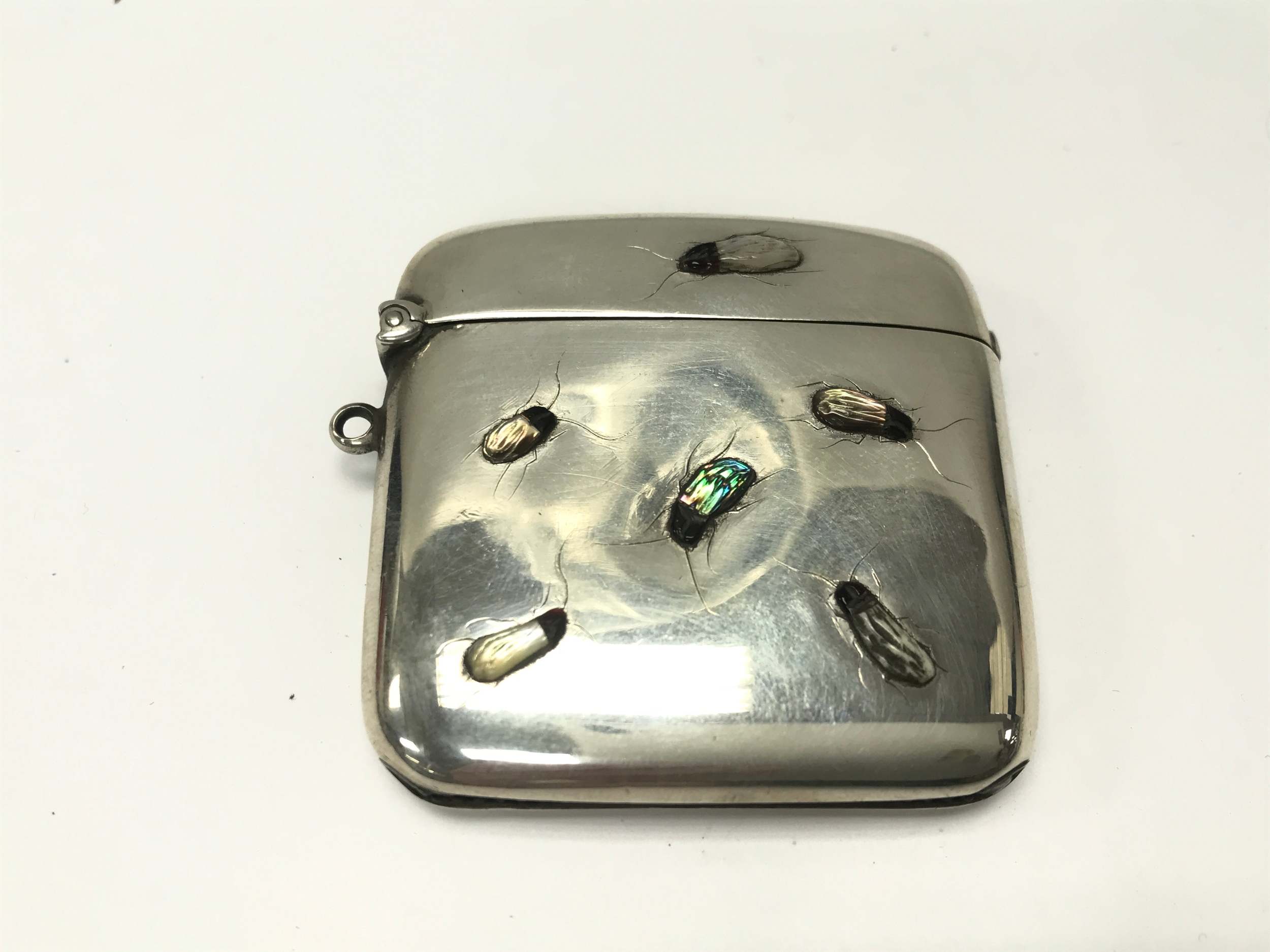 A large silver Shibayama vesta case. Birmingham hallmarks