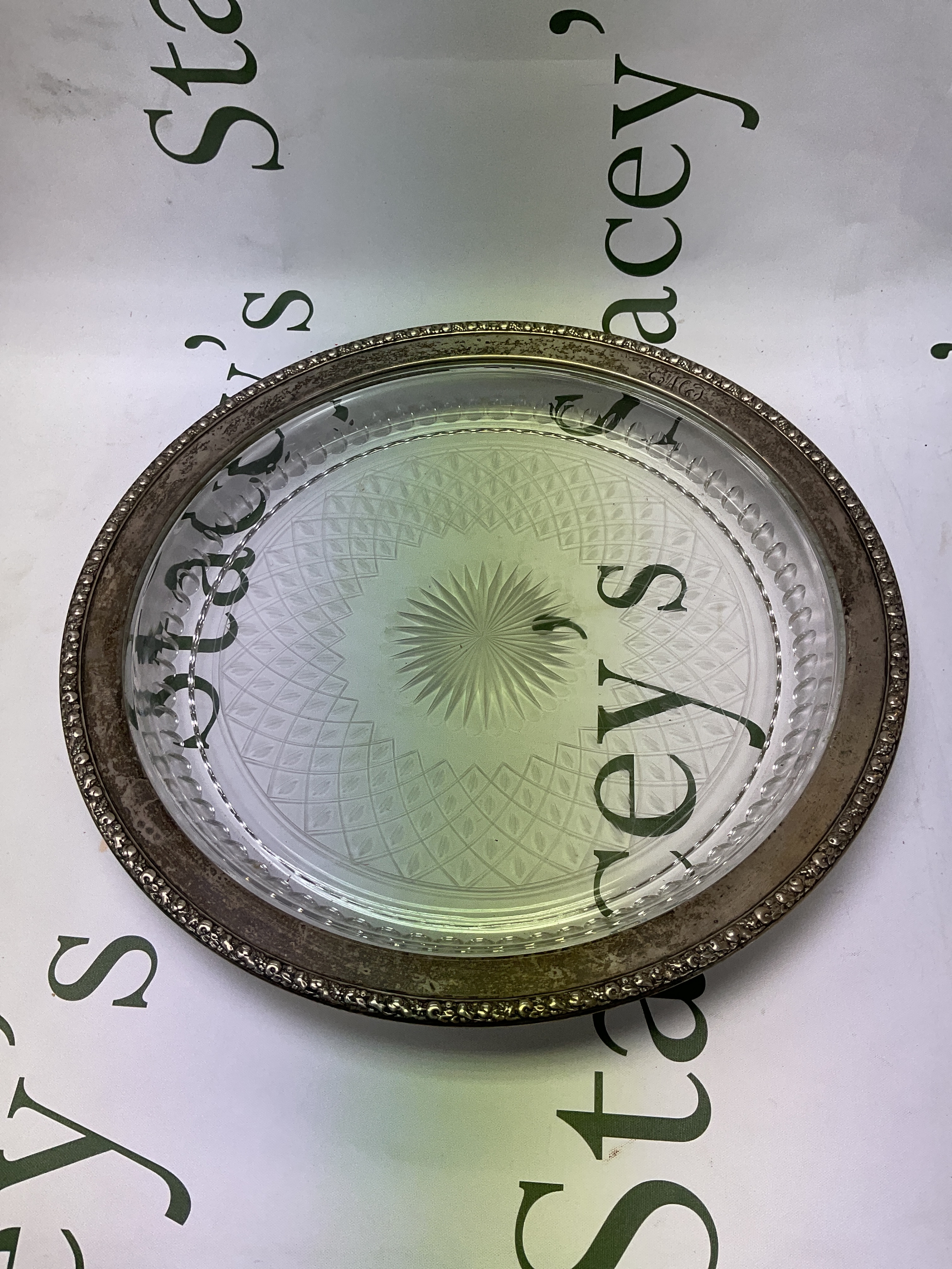Vintage American silver rimmed ornately cut crystal tray. Hallmarked Wallace sterling 4118, 34cm.