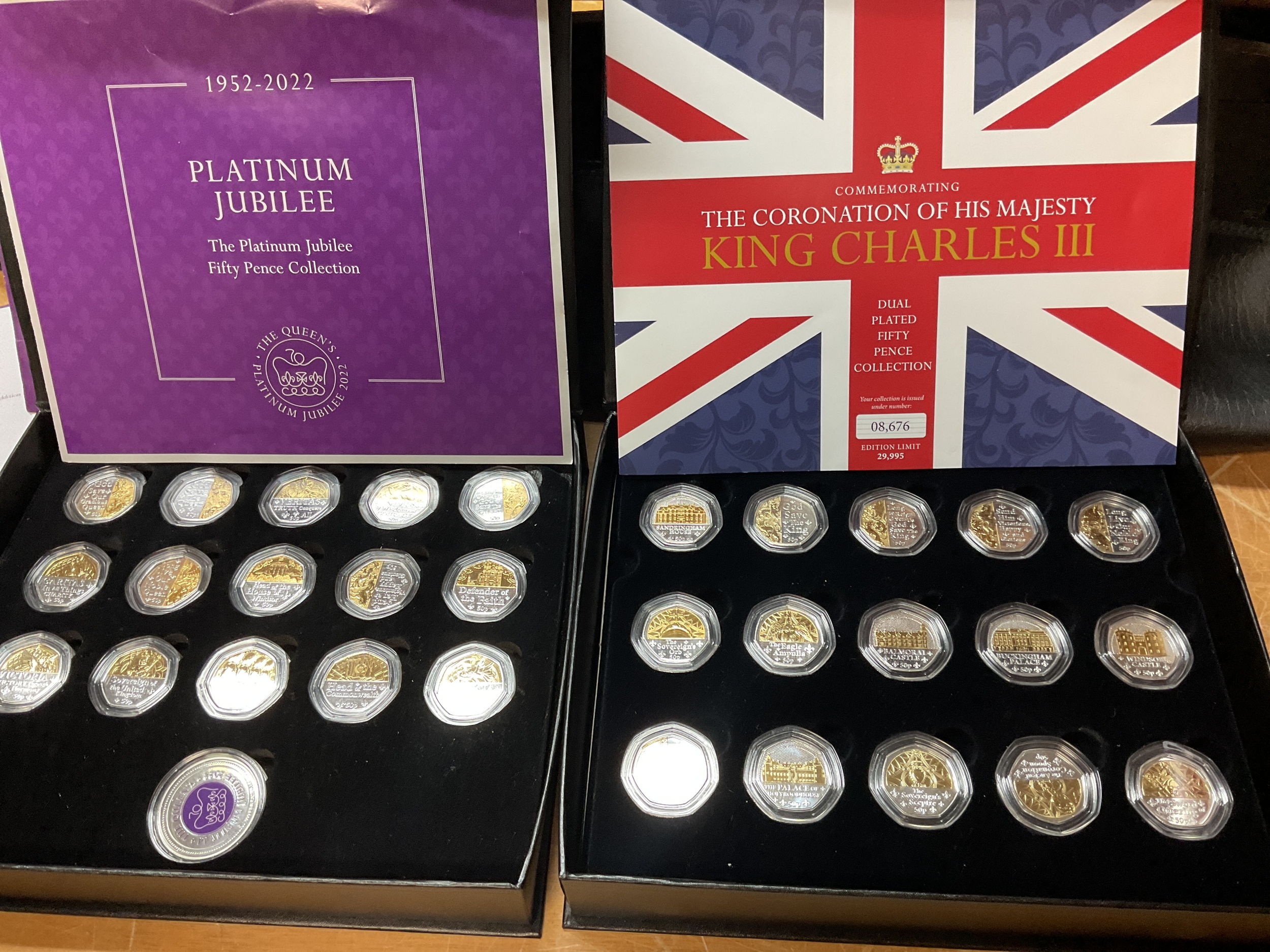 Two Westminster 50p sets for King Charles Coronation and Platinum Jubilee.