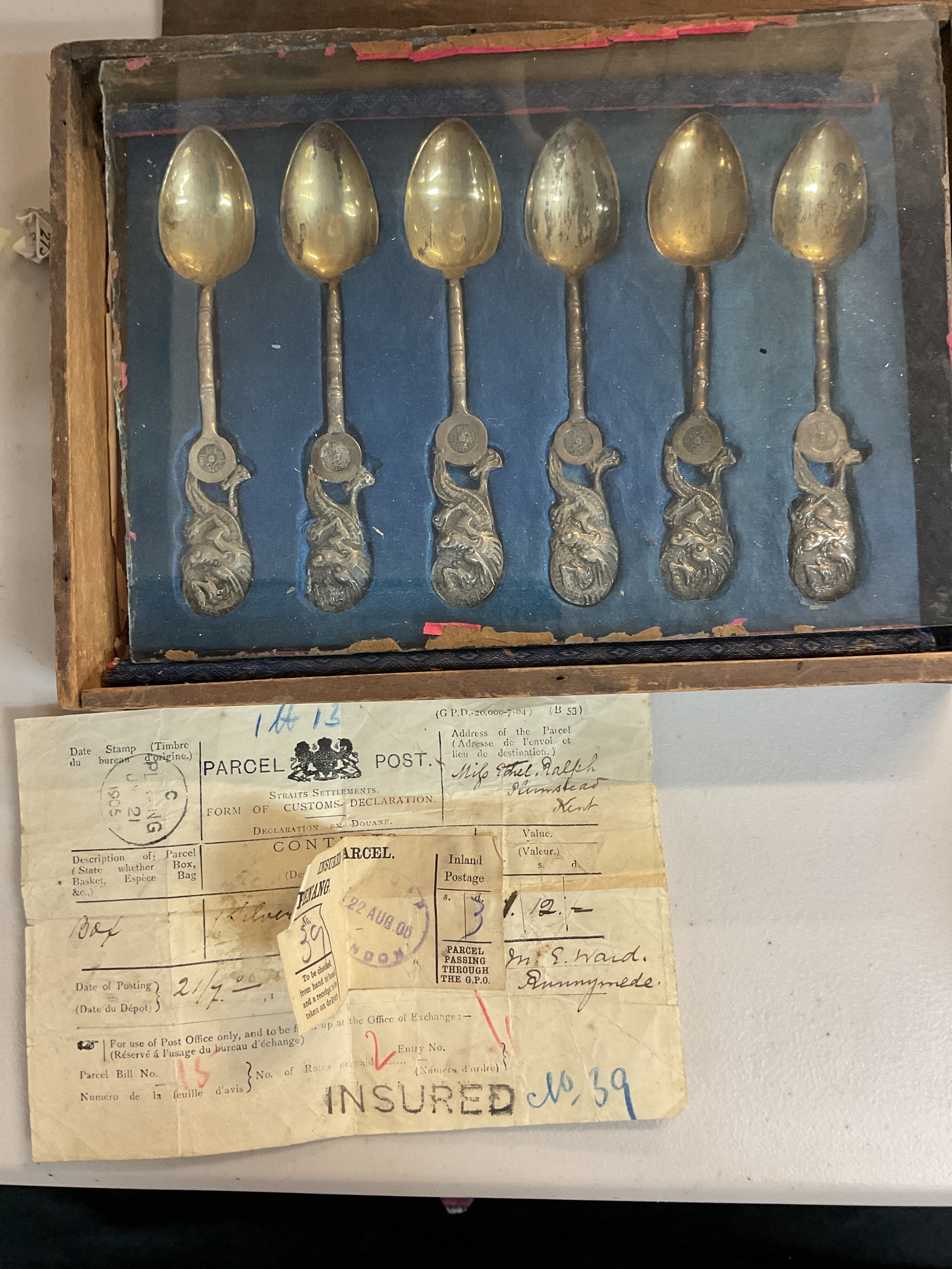 Chinese wooden cased silver spoons with invoice from penang 1905. 