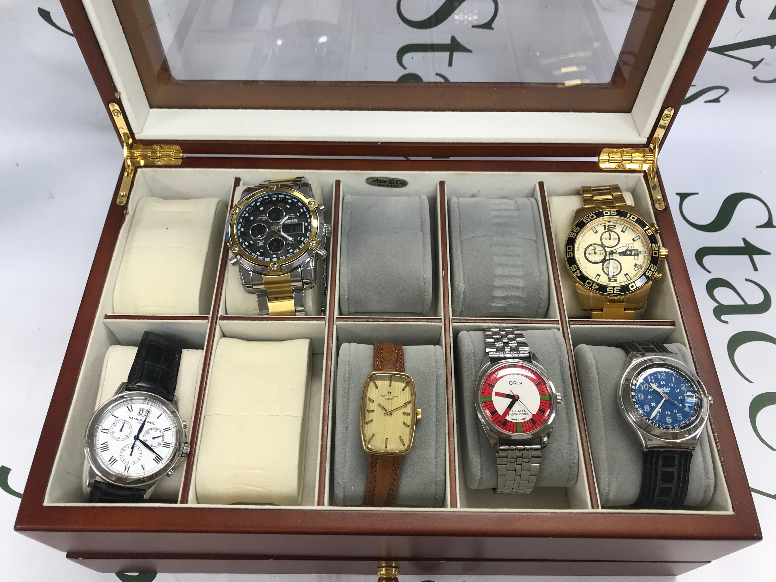Collect of 6 watches including swatch a vintage Hamilton and a number of replica watches comes with 10 space watch box.