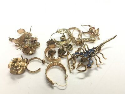 A blue stone set scorpion brooch and a small assortment of earrings. Approx weight 16.6 grams.