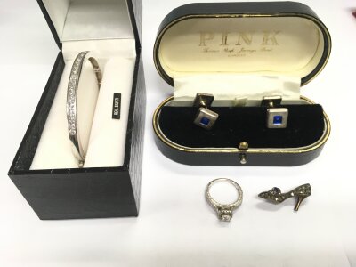 A silver bracelet, cufflinks, brooch and a ring. NO RESERVE