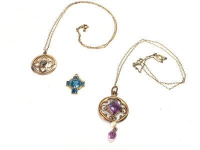 9ct gold Edwardian pendants set with turquoise , seed pearl, garnet. 9.9g total weight