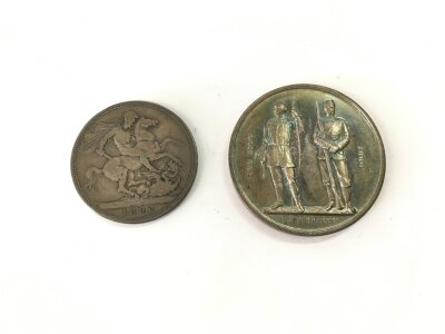 An 1892 crown and a 1880 commemorative medallion. NO RESERVE