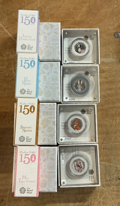 150th Anniversary of Beatrix Potter 2016 Jemima puddle-duck UK 50p Silver Proof coin.150th Anniversary of Beatrix potter 2016 Peter rabbit UK 50p silver proof coin.150th Anniversary of Beatrix potter 2016 squirrel Nutkin UK 50p Silver Proof coin.150th Anniversary of Beatrix potter 2016 mrs. Twiggy-winkle UK 50p silver proof coin.(1st official release release of the Beatrix potter royal mint coins.)Peter Rabbit 2017 UK 50p silver proof coin.Tom kitten 2017 UK 50p Silver proof coin.Benjamin Bunny 2017 UK 50p silver proof coin. Mr. Jeremy fisher 2017 UK 50p Silver proof coin.These are part of the hugely popular Beatrix potter 50p range.These Tailor of Gloucester 2018 UK 50p Silver Proof Coin. Flopsy Bunny 2018 UK 50p Silver Proof coin. Peter Rabbit 2018 UK 50p Silver Proof Coin. Mrs. Tittlemouse 2018 UK 50p Silver Proof Coin. Peter Rabbit 2019 UK 50p Silver Proof Coin. Peter Rabbit 2020 UK 2020 50p silver proof coin.