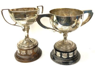 2 large hallmarked silver trophy cups, both engraved, overall weight 1.3kg