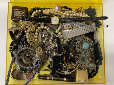 A box of mixed costume jewellery etc