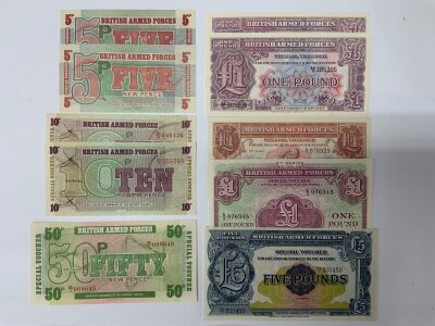 A collection of BAF (British Armed Forces) £1 notes x 5 various designs / £5 Pound note. Also 5 BAF Special vouchers x2 5p, x2 10p, x1 50p. NO RESERVE