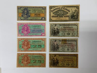 Military Payment Certificates - For Use Only In Unites States Military Establishments By United States Military Personnel In According With Applicable Rules And Regulations, Series 481, 5 Cents/10 Cents x 2, Series 521, 5 Cents/10 Cents/ 25 Cents x 2. Dominion of Canada 25 cents, January 2nd 1900. NO RESERVE