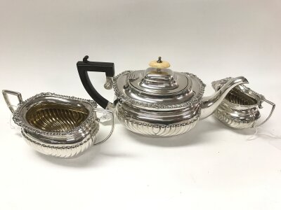 A Quality Edwardian Silver three piece tea set with stepped gadroon edge maker George Nathan & Ridley Hayes date for 1904 total weight 1057g