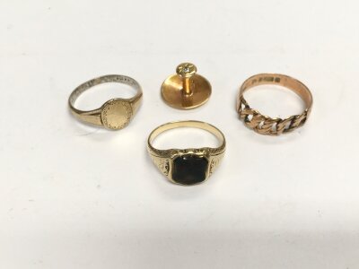 Three gold rings and a 9ct gold stud, total weight approx 10.8g.