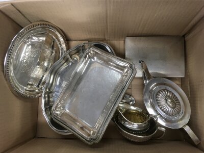 A box of silver plated ware comprising two trays, entree dish etc.