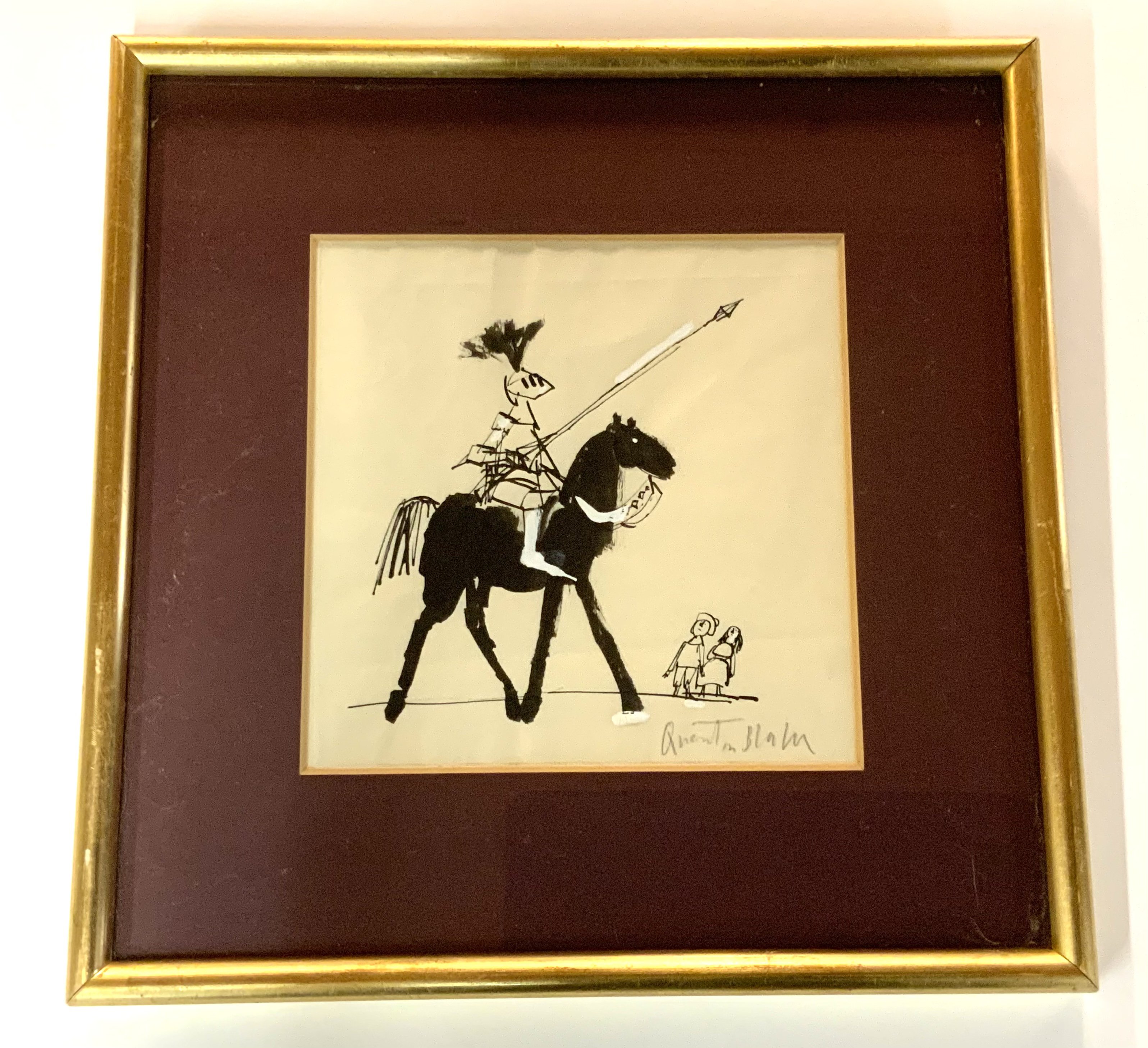 Quentin Blake, (1932 - Current), ink and gouache sketch of a knight on horse back, signed lower right in pencil Quentin Blake. Frame size. 26.5cm x 26.5cm.Original sketch for the Knights Castle by Edward Eager.
