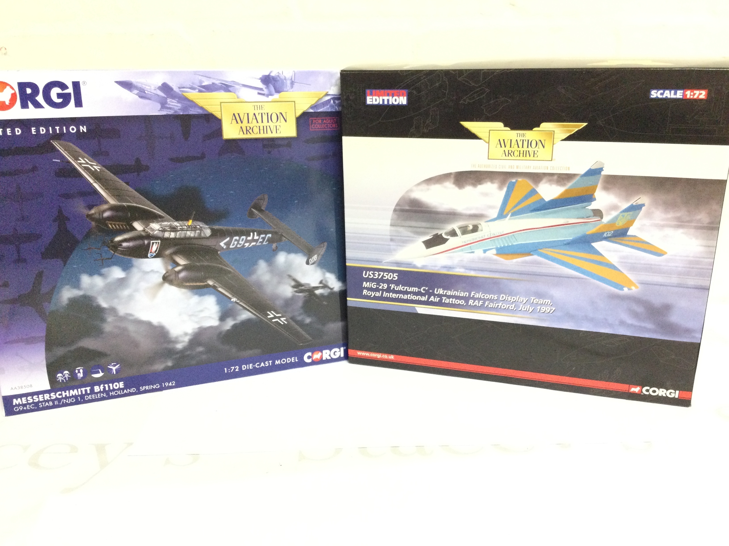 2 Boxed Corgi Aviation Archive Diecast, A Messerschmit Bf110E #AA38508 And A Mig-29 Fulcrum-C #US37505. Both 1/72 Scale.(2).