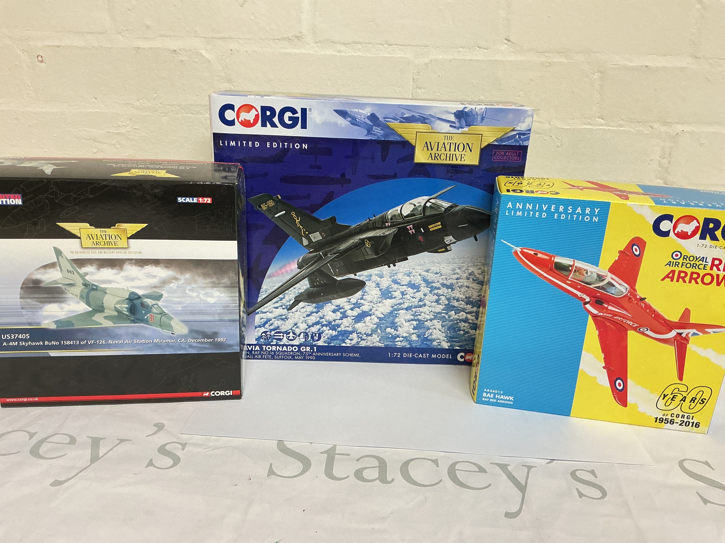 3 Boxed Corgi Aviation Archive Diecast, A A-4M Skyhawks BuNo #US37405, A Panavia Tornado GR.1 #AA33622 And A BAE Hawk, Red Arrows #AA36012.