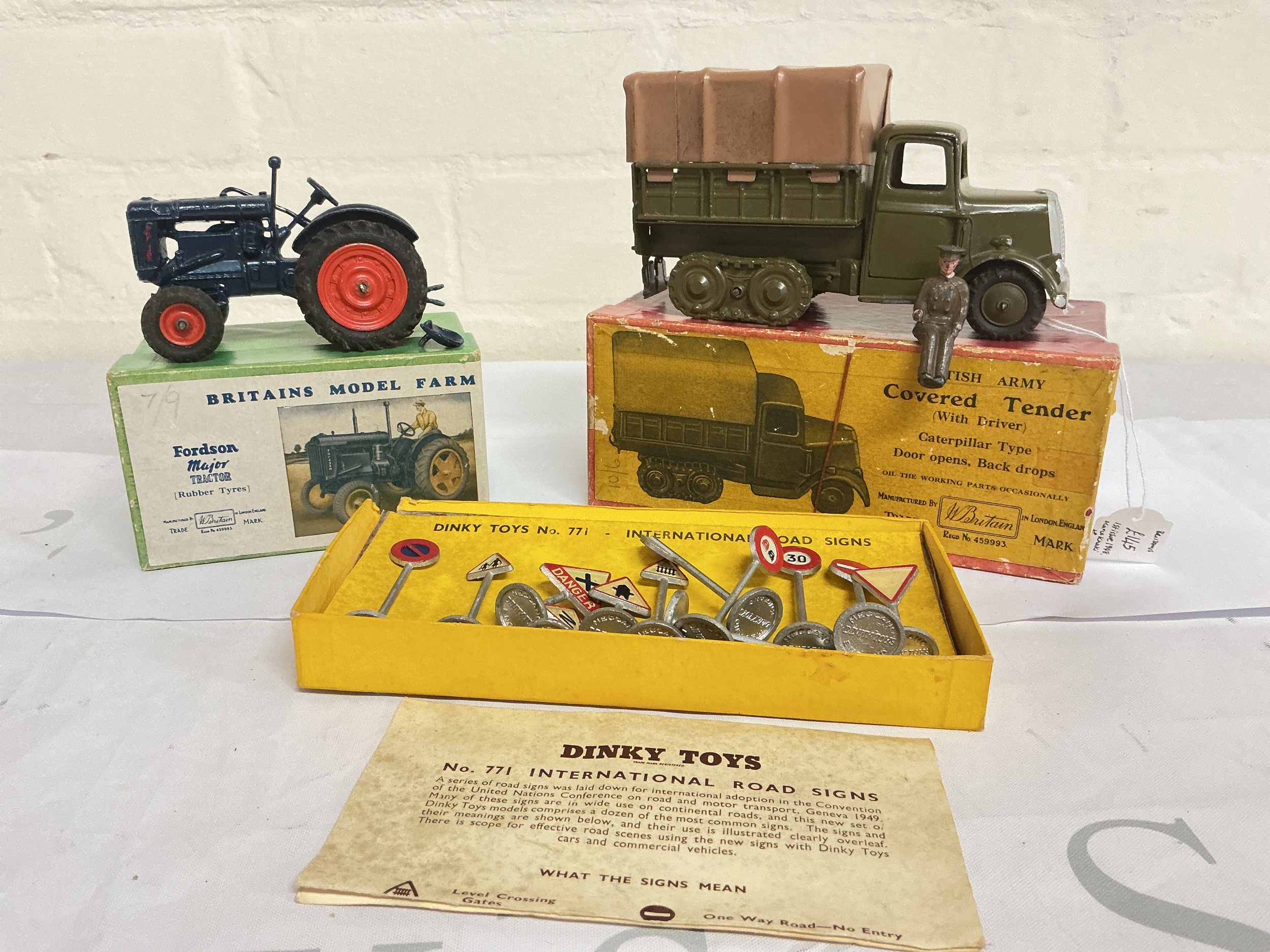 A Boxed Britains British Army Covered Tender. A Fordson Major Tractor A/F And Dinky Road Signs. No Reserve.