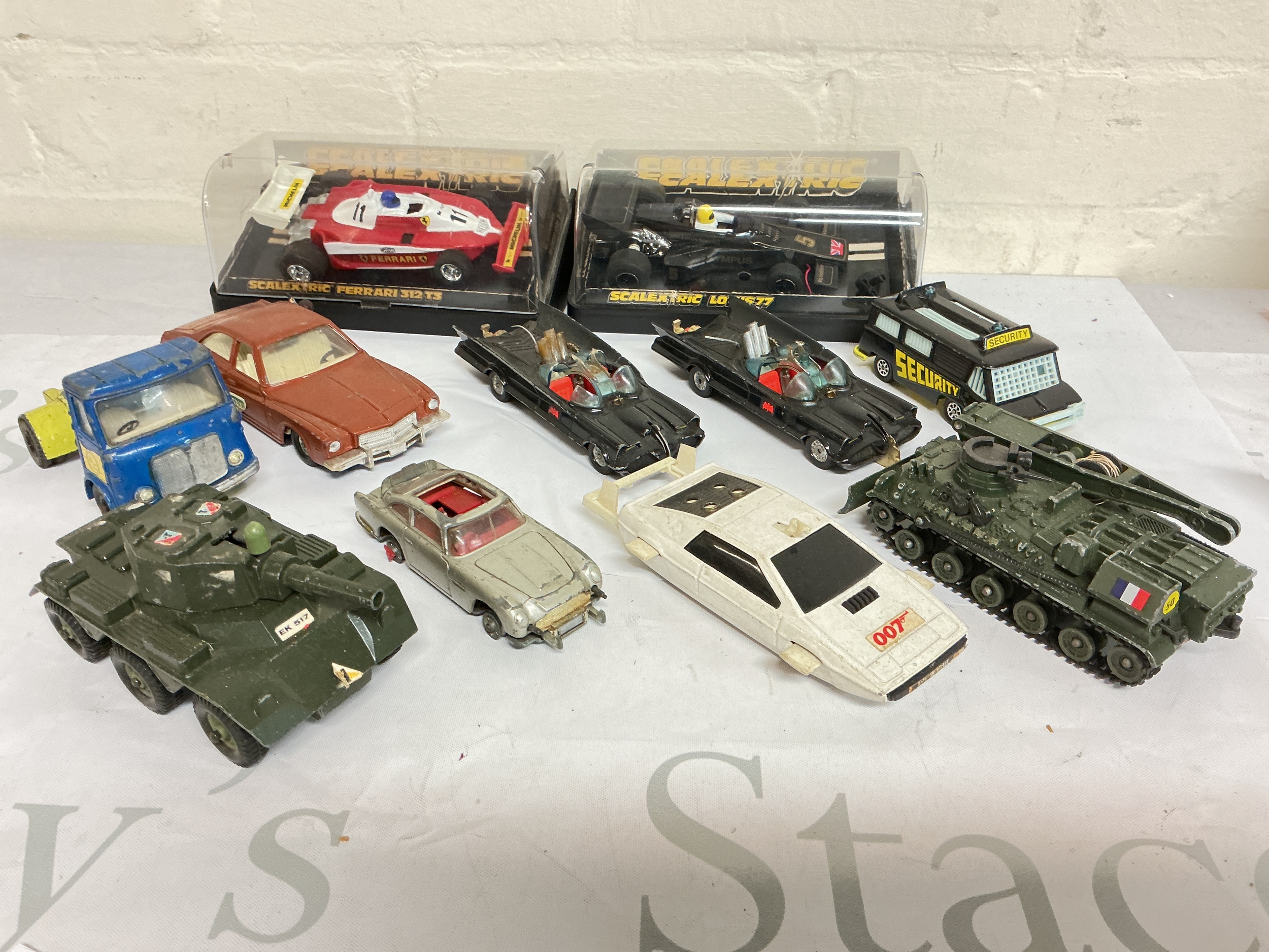 2 Boxes Of Playworn Diecast Including Matchbox And Corgi Also With 2 Boxed Sclextric Cars, (2)
