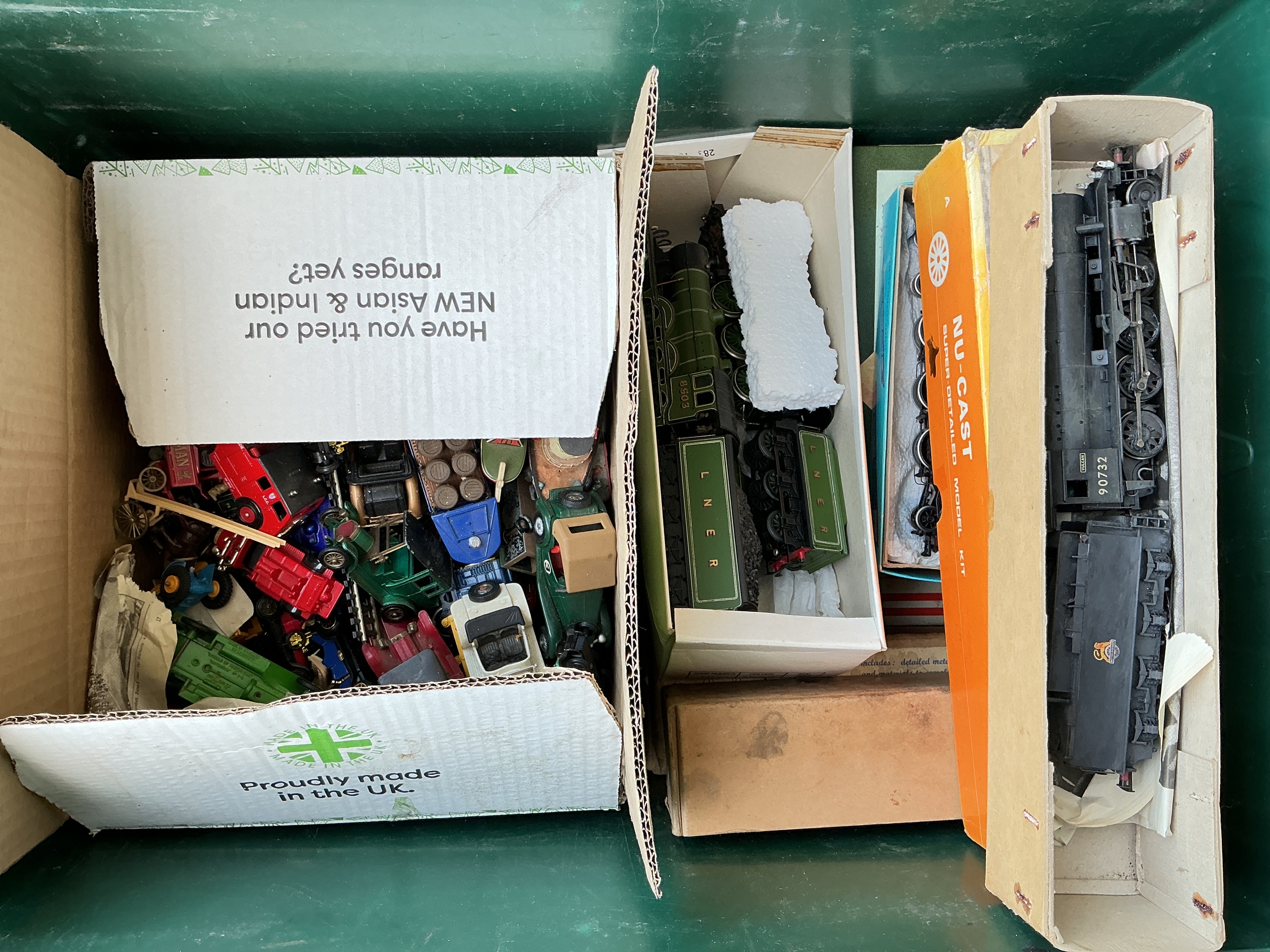 2 Boxes Containing Built 00 Gauge Model Kits, Playworn Diecast Etc. No Reserve.(2).