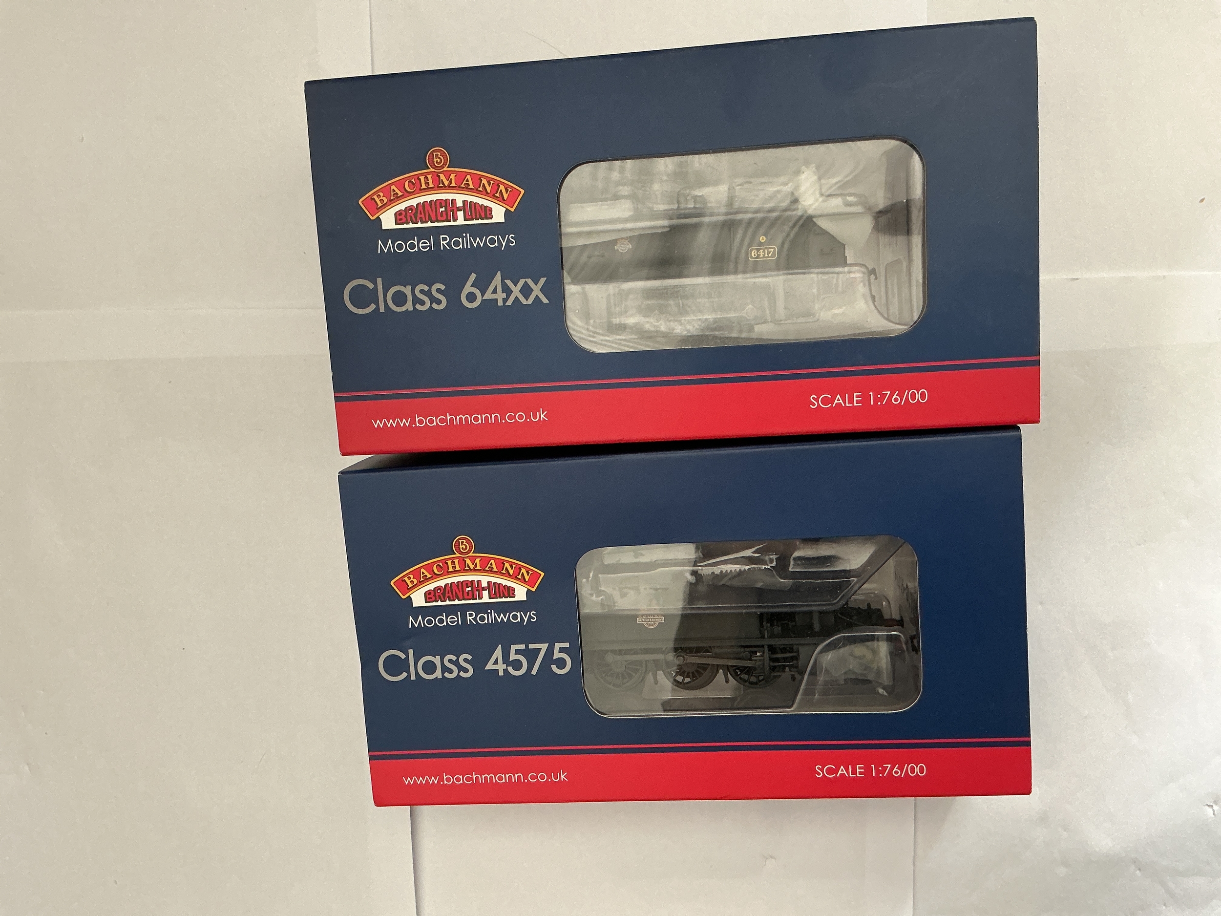 Tow Boxed Bachmann Branch-line 00 Gauge Locomotives. One Class 64XX Pannier Tank 6417 BR Black Early Emblem, 31-636. One Class 4575 Prairie Tank 4592 BR Black Weathered, 32-137A. All DCC. No Reserve.