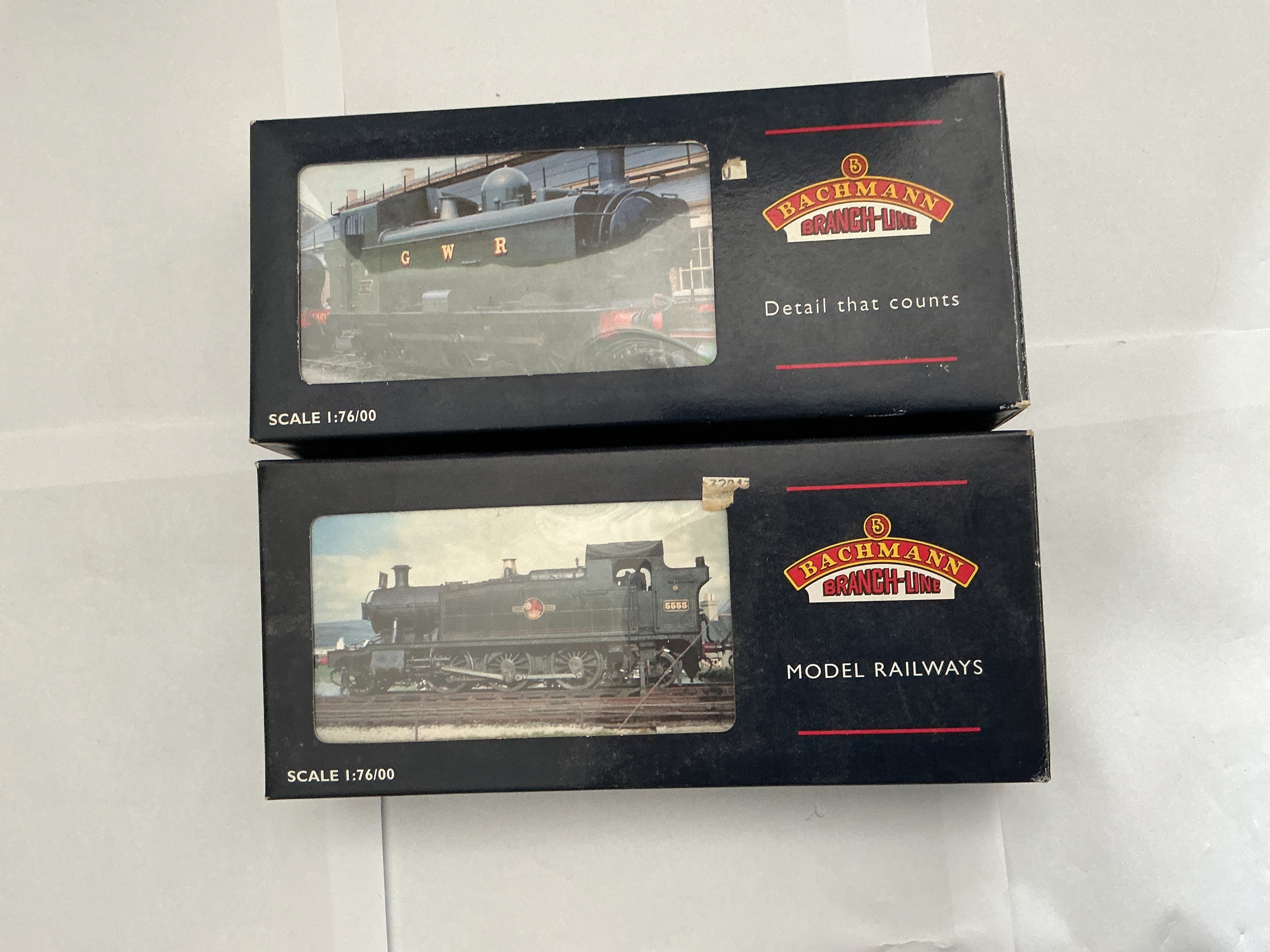 Two Bachmann Branch-line 00 Gauge Locomotives. One 8750 Pannier Tank 4666 Weathered BR Black Late Crest, 32-203. One 4575 Prairie Tank 5500 Plain Black Early Emblem, 32-137. No Reserve. 