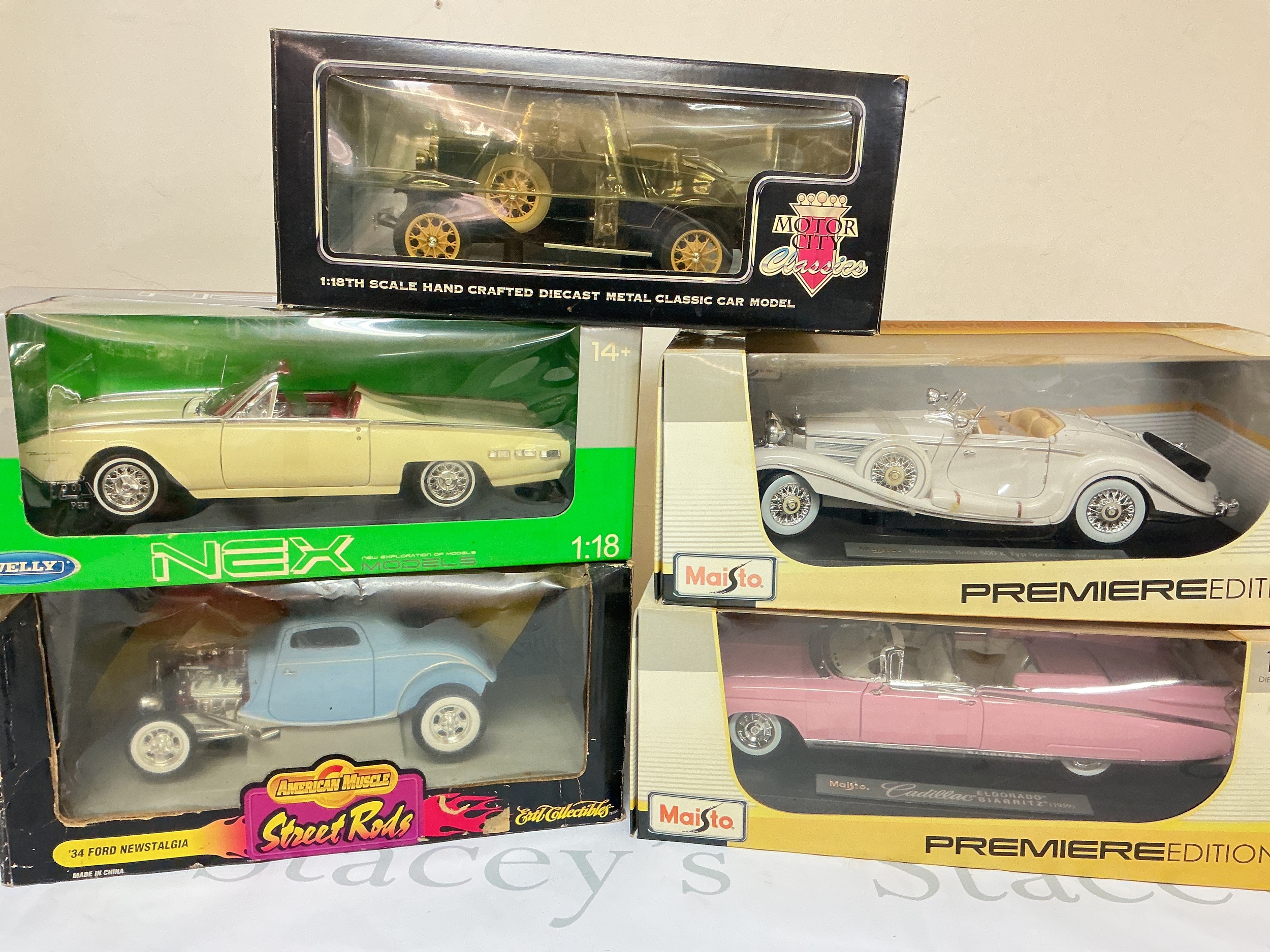 5 Boxed 1/18 Scale Diecast Including Maisto, American Muscle, Welly And Motor City Classics. No Reserve.