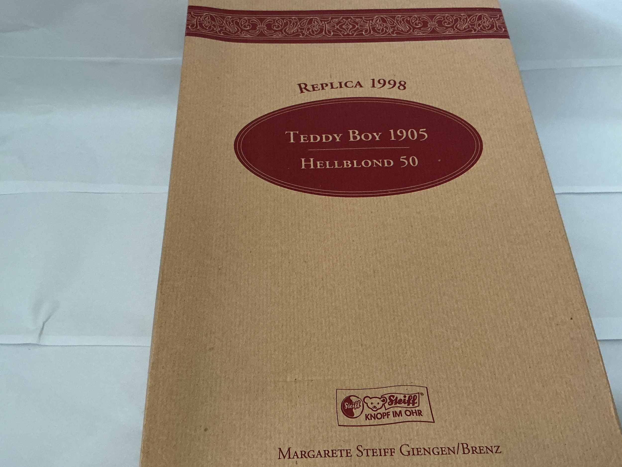 A Boxed 1998 Replica of Teddy boy Hellblond 50 1905 Steiff Teddy Bear. Water Damaged Box. No Reserve. 