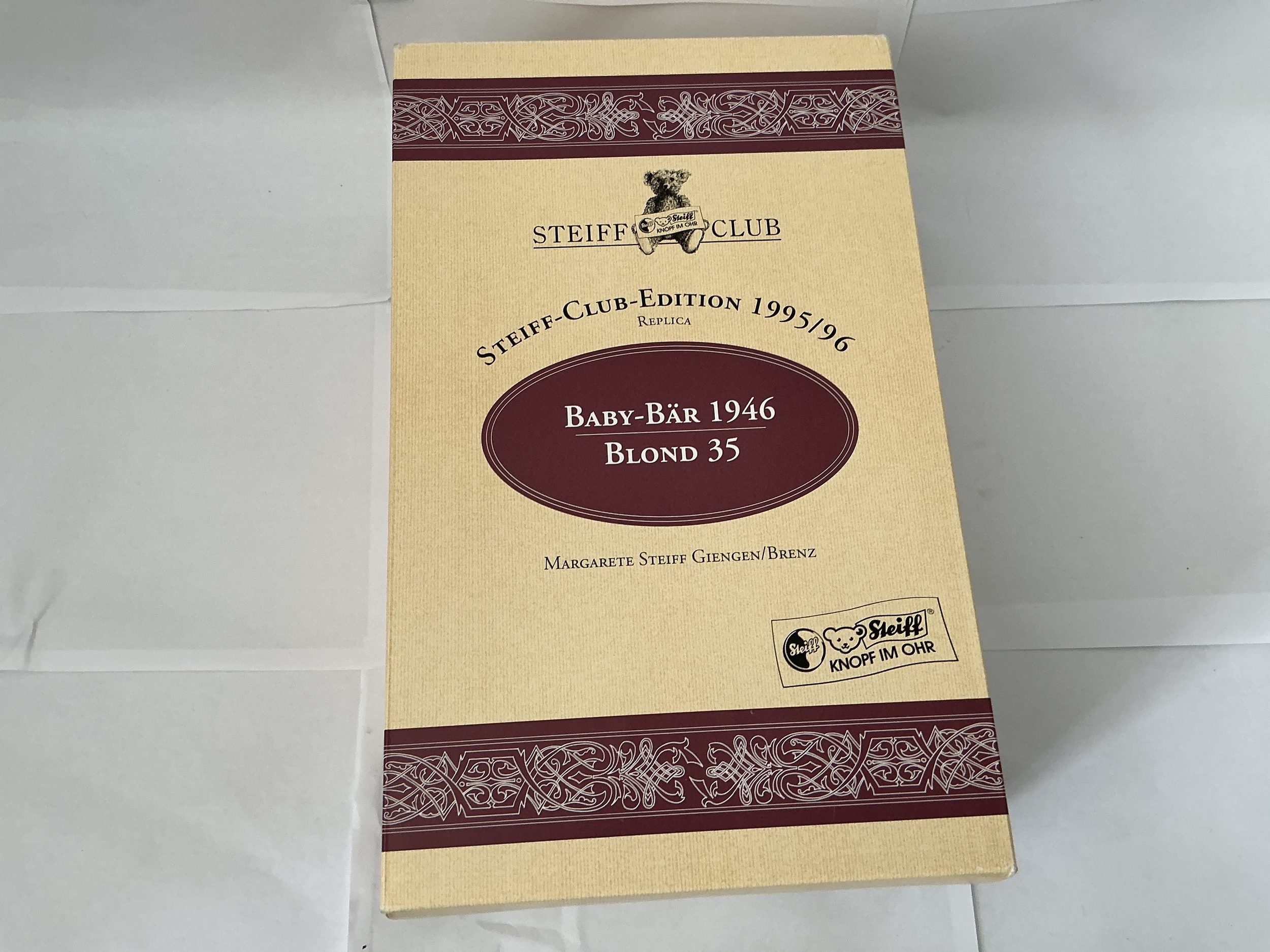 A Boxed Steiff Club Edition 1995/96 Replica Baby Bear Blond 35 Steiff Teddy Bear. No Reserve. 