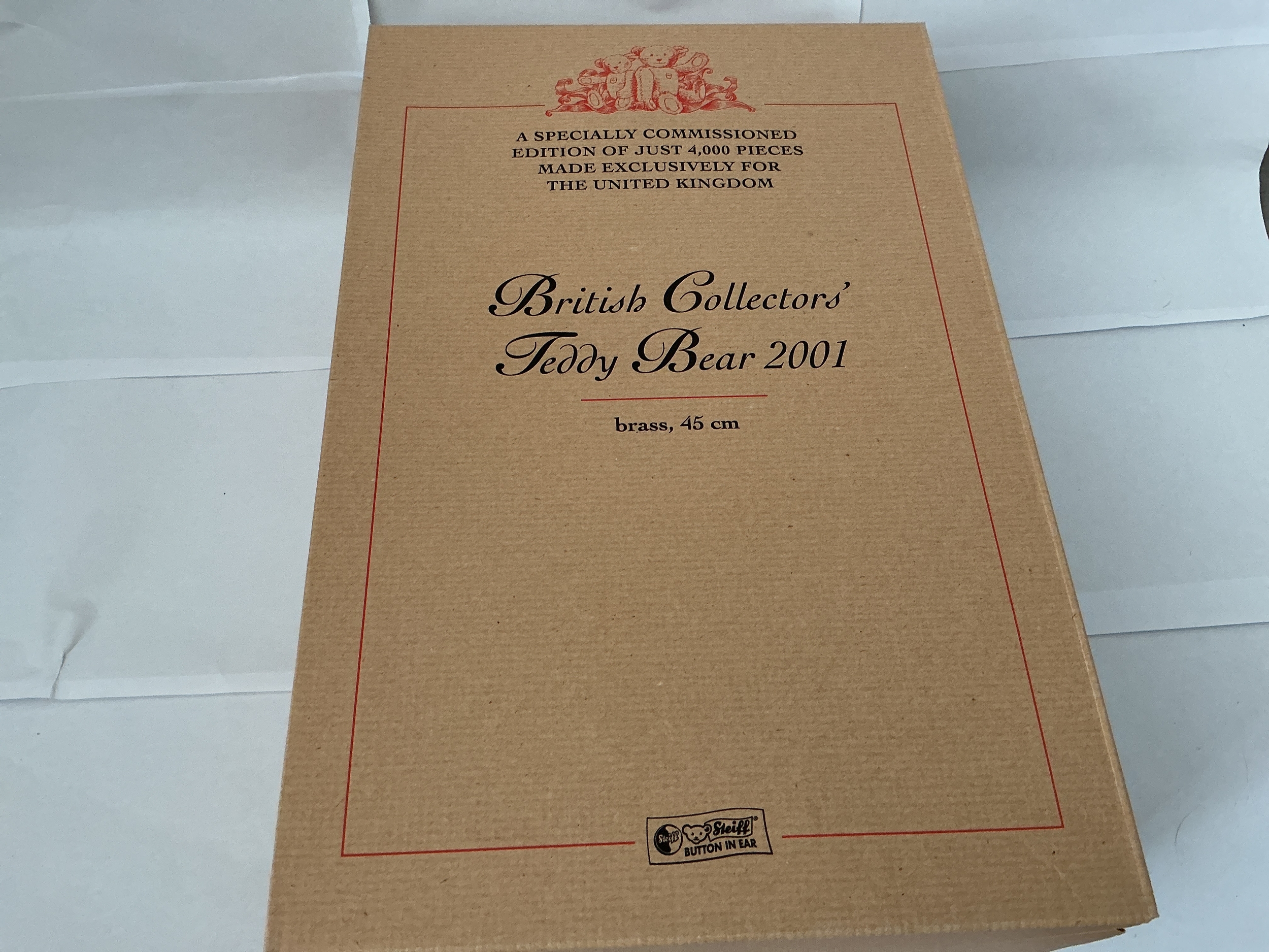 A Boxed British Collectors 2001 Brass 45 Steiff Teddy Bear. No Reserve.