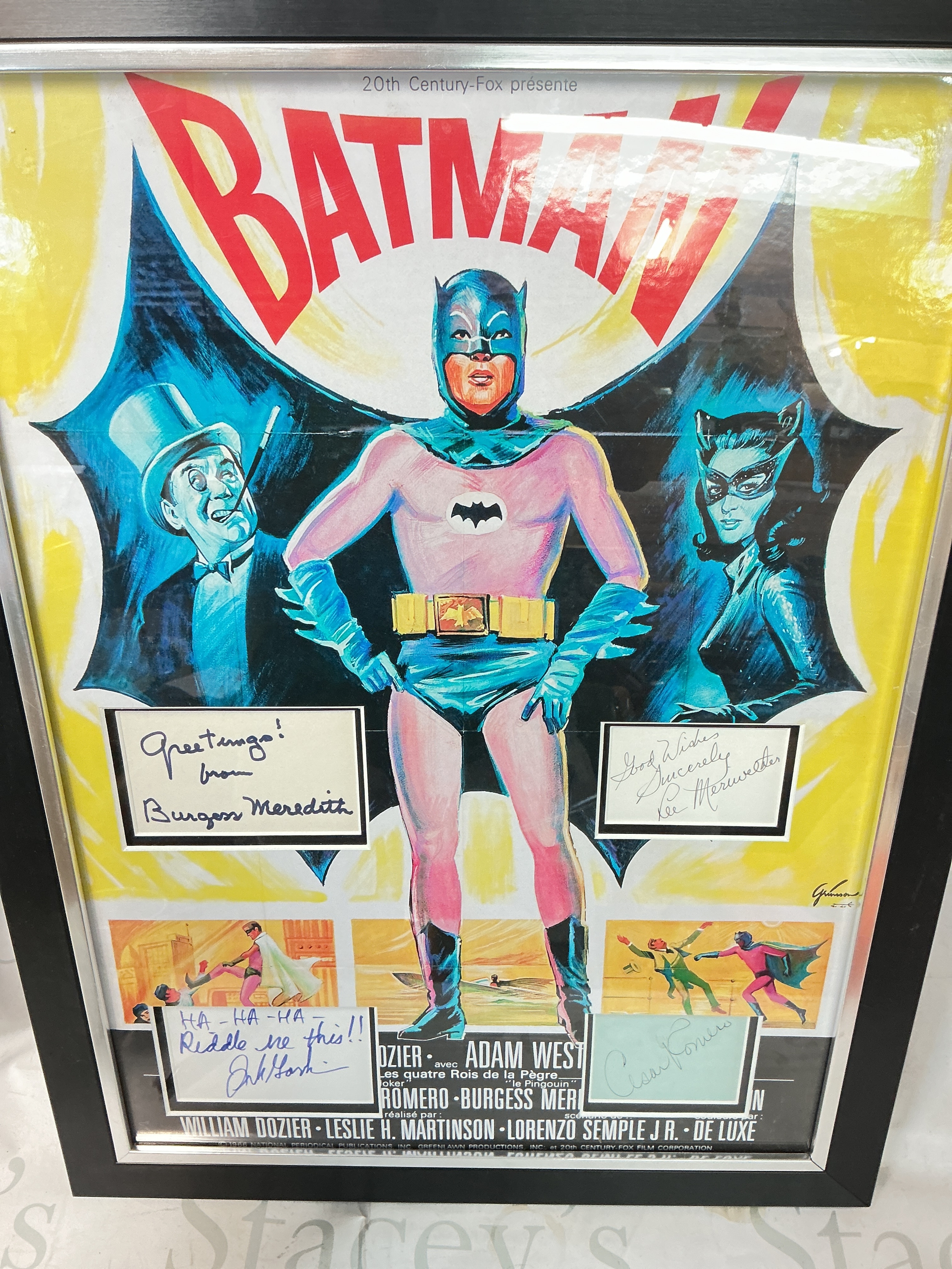 A Custom Display Showing The French Poster To The Movie Batman Including 4 Authentic Autographs By Burgess Meredith (The Penguin), Lee Meriwether (Cat Women), Frank Gorshin (The Riddler) And Cesar Romero (The Joker). No Cert.