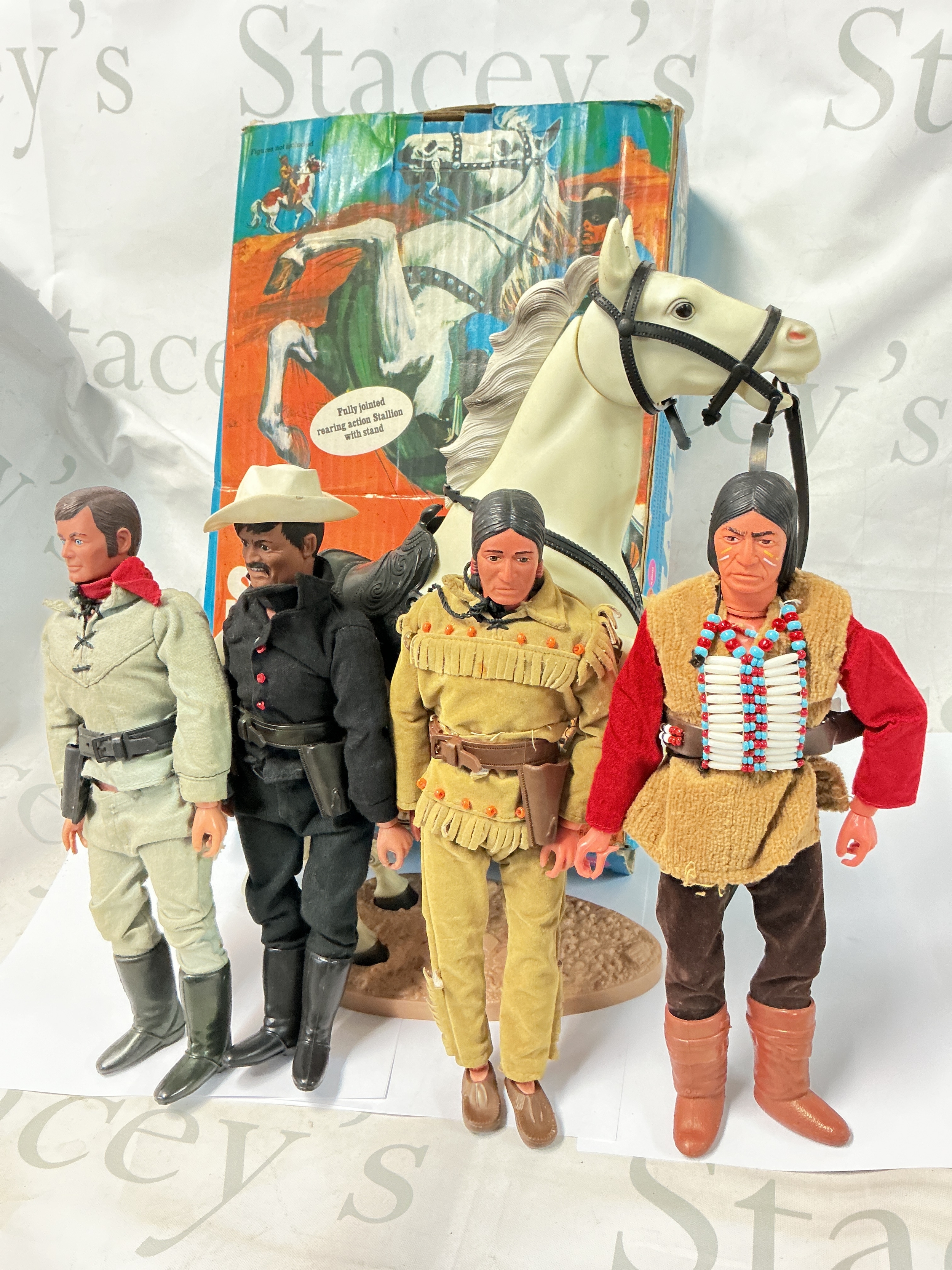 A Box Containing Lone Ranger Figures And Accessories, Planet Of The Apes, Doctor Who, Matchbox Pirates Etc. No Reserve