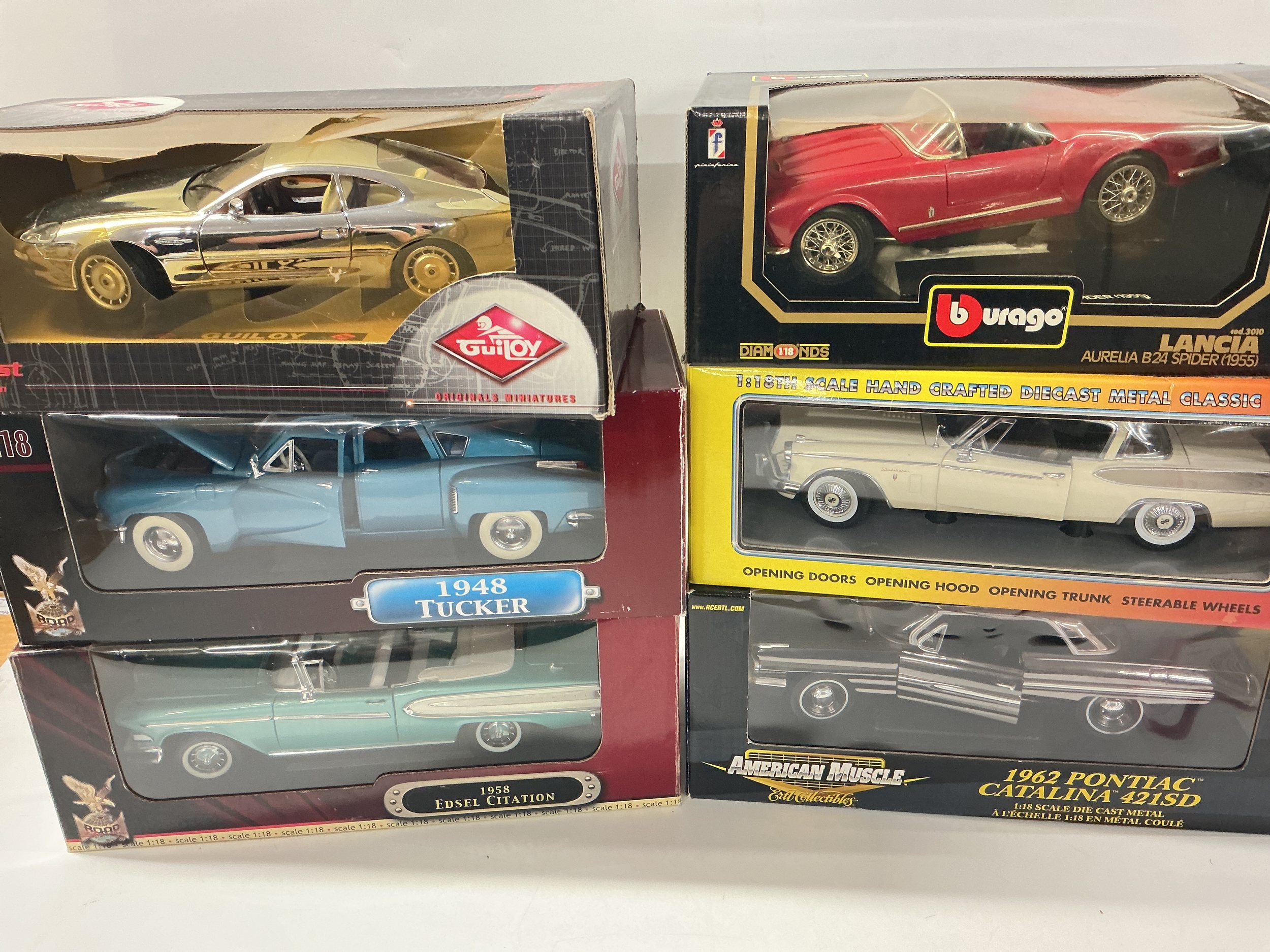 6 Boxed 1/18 Scale Diecast Cars, including Burgo, American Muscle, Road Legends etc. No Reserve.