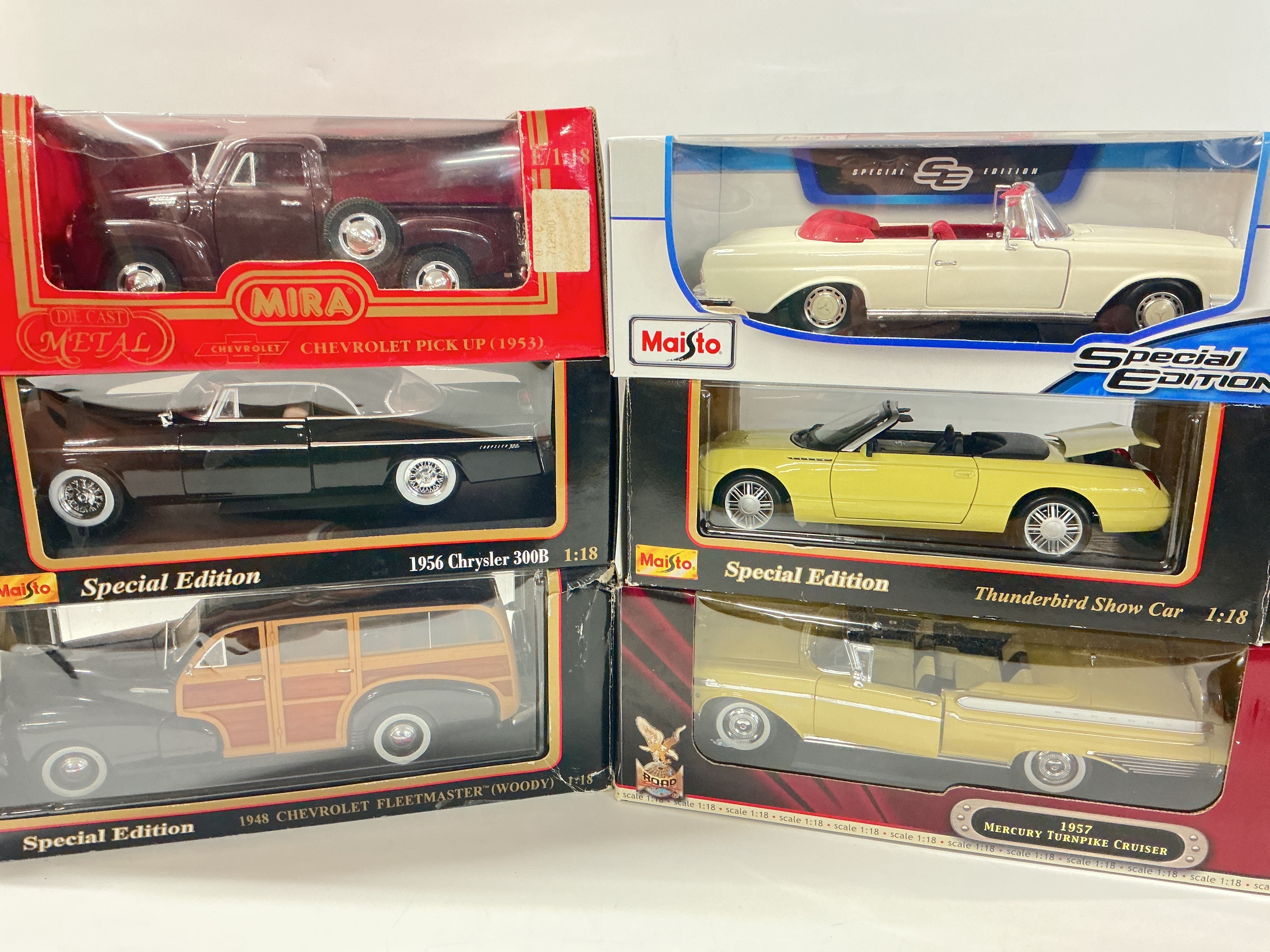 6 Boxed 1/18 Scale Diecast Cars Including Maisto, Road Legends, And Mira. No Reserve.