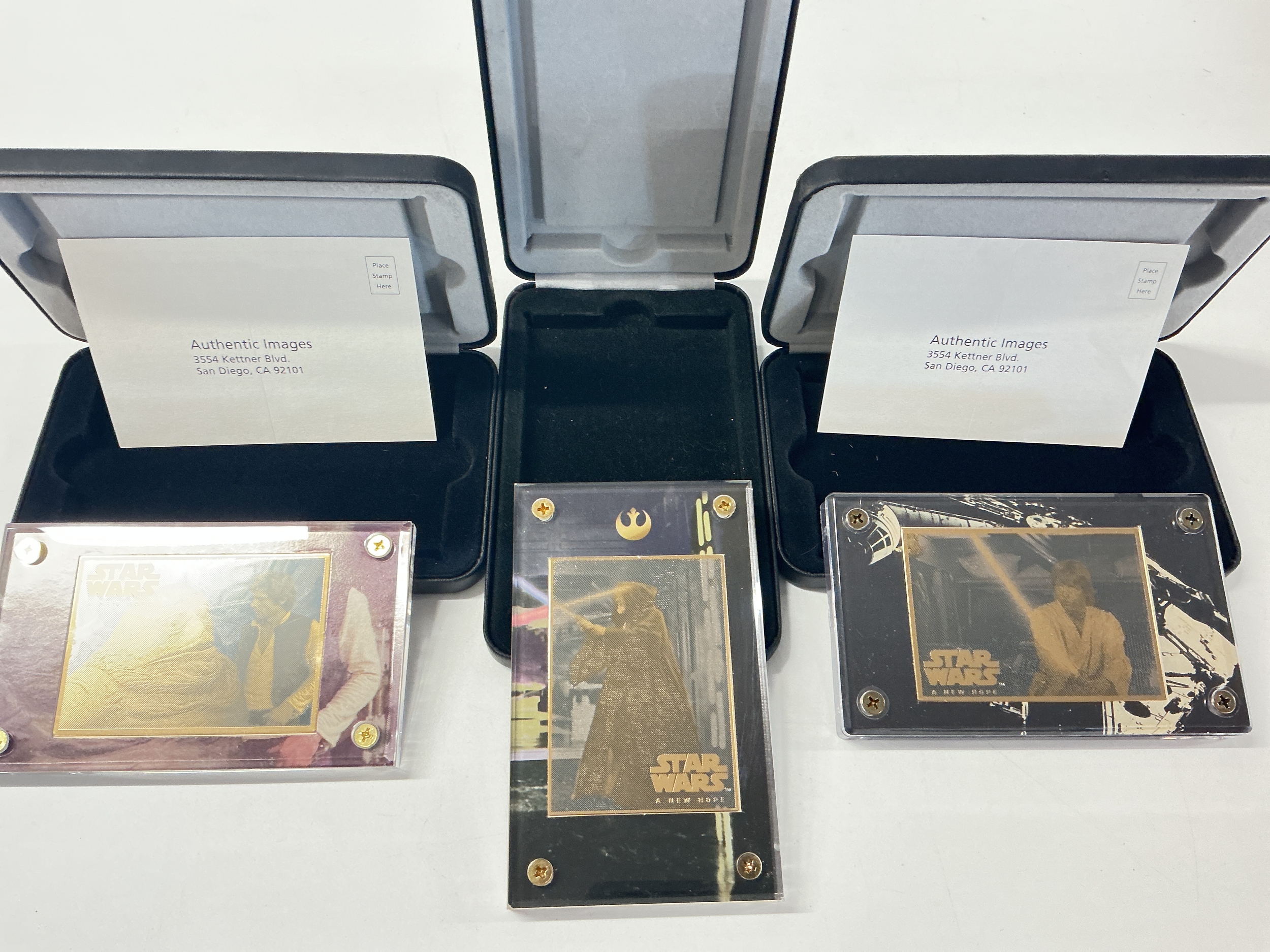 3 X Limited Edition 1997 Authentic Images Star Wars Trilogy Collectors Cards In Original Case. Luke Sky Walker, Ben Kenobi And Jabba With Han. No Reserve.
