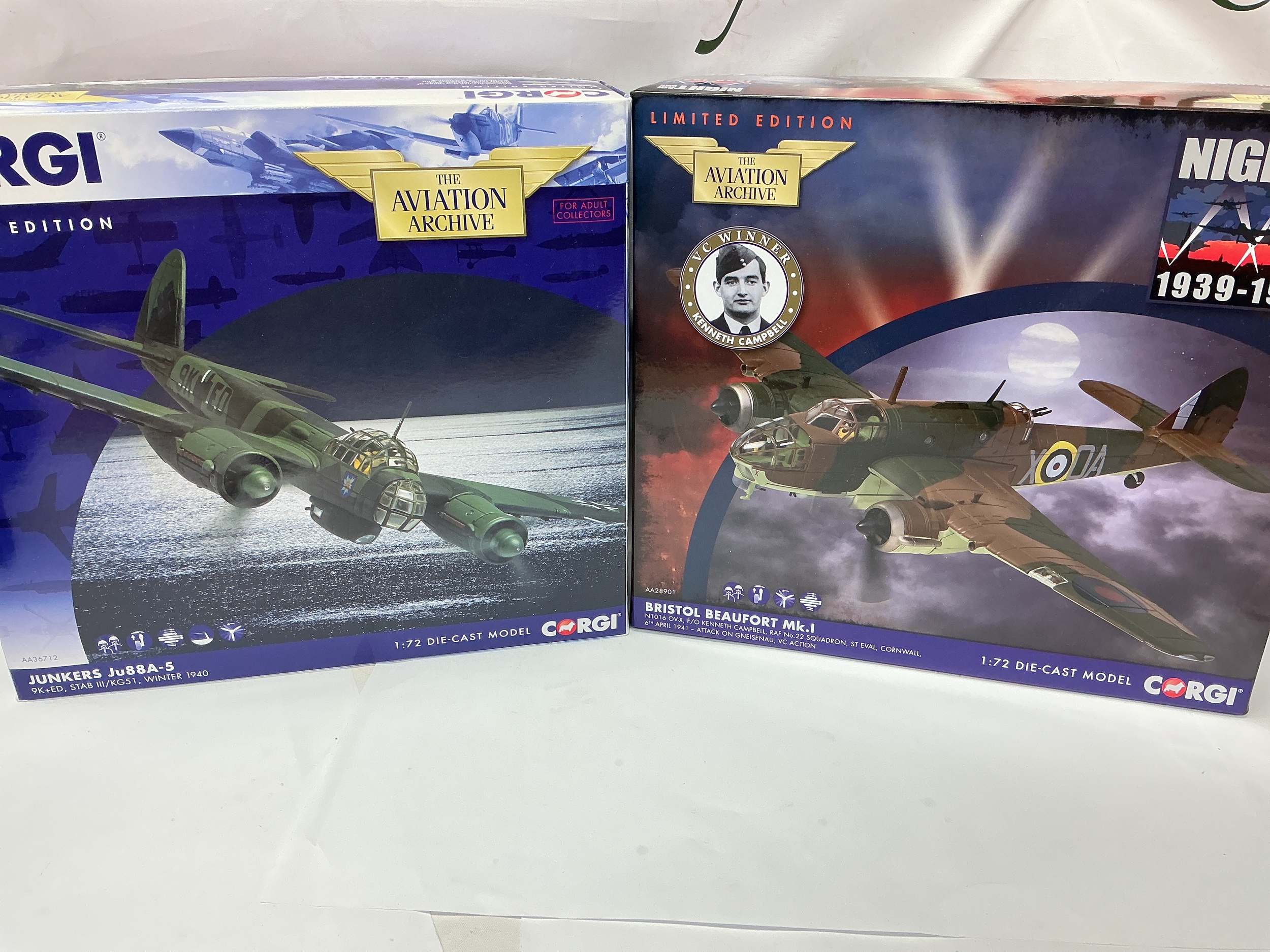 2 Boxed Corgi Aviation Archive Diecast Aircraft. a Junkers Ju88A-5 #AA36712 And A Bristol Beaufort MK.I #AA28901. Both 1/72 Scale. 