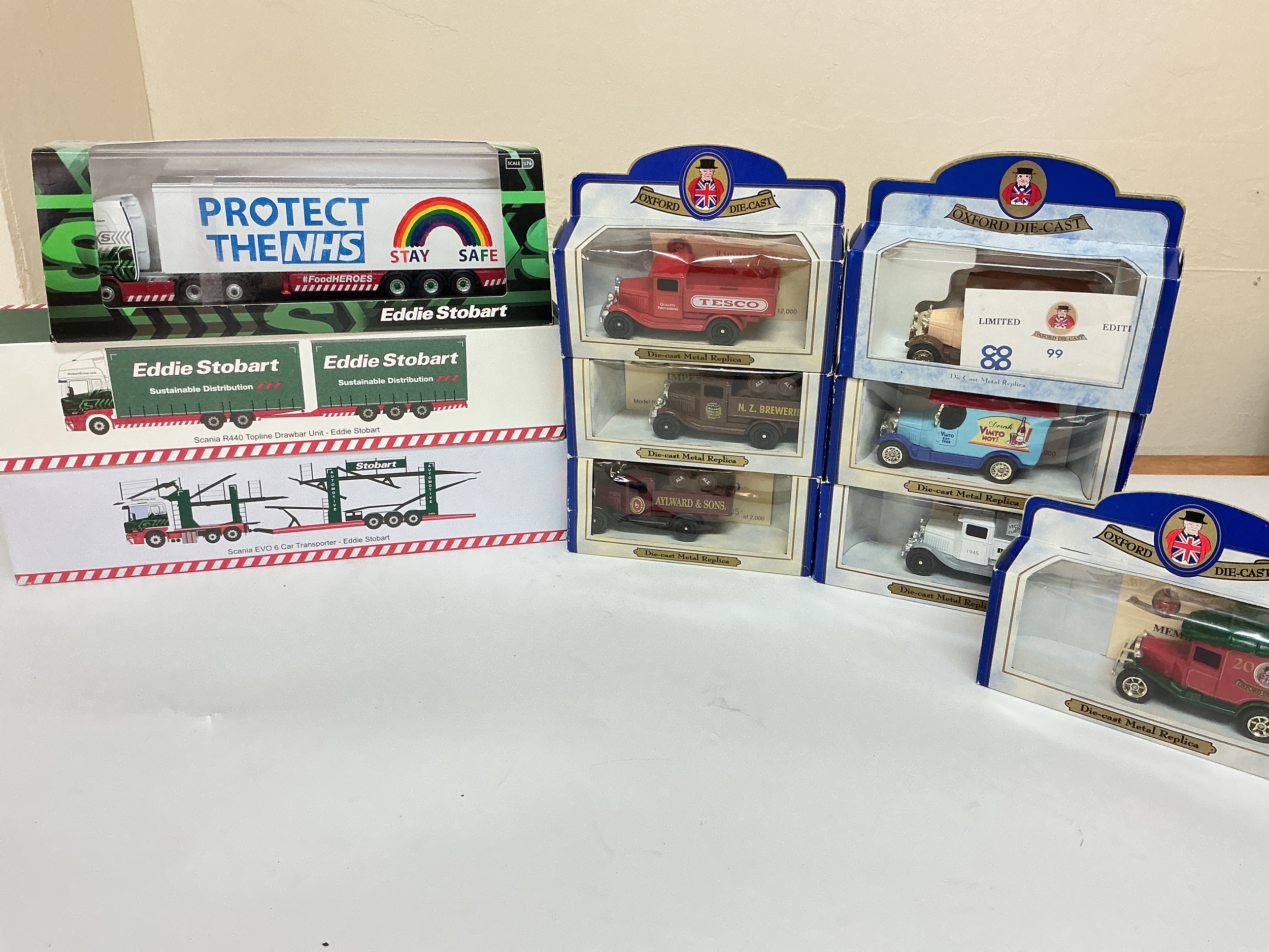 A Collection Of Boxed Oxford Diecast, Eddie Stonbart Scania Car Transporter Plus 2 Other Lorries And Boxed Oxford Diecast Limited Edition Models.