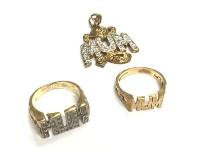 Two 9ct gold MUM rings and a CZ set MUM pendant. Approx weight 16.22 grams.