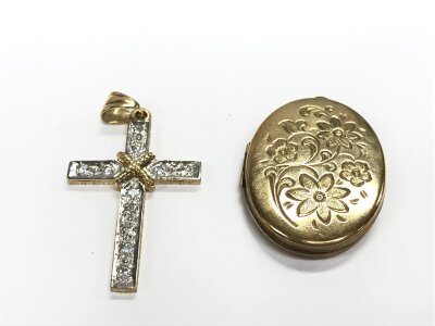A 9ct gold CZ set cross pendant and an unmarked flower locket.