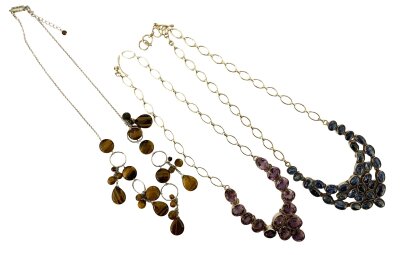 3 modern sterling silver and gem set necklaces. (Tigers Eye, Labradorite, Amethyst).