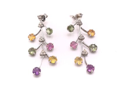 A pair of 18ct white gold earrings set with multi coloured stones.
7.67g
