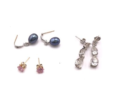 Three pairs of 9ct gold earrings set with CZs
5.36g