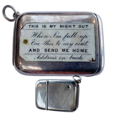 A late-Victorian silver and enamel vesta case, by S. Mordan and Co, London 1887,
rectangular form, the front enamelled with a luggage label inscribed 'THIS IS MY NIGHT OUT, WHEN I’M FULL UP TIE THIS TO MY COAT AND SEND ME HOME, ADDRESS ON BACK., the reverse inscribed 'CHES BATEMAN, BOODLES', length 5cm, approx. weight 34.38g.